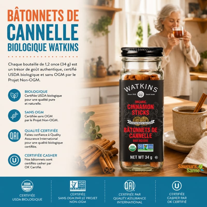 Bâtonnets de cannelle biologique Watkins 34 g pour boissons chaudes, desserts et recettes maison
