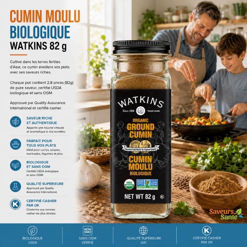 Cumin moulu biologique Watkins 82 g pour tacos, currys, chili et recettes maison