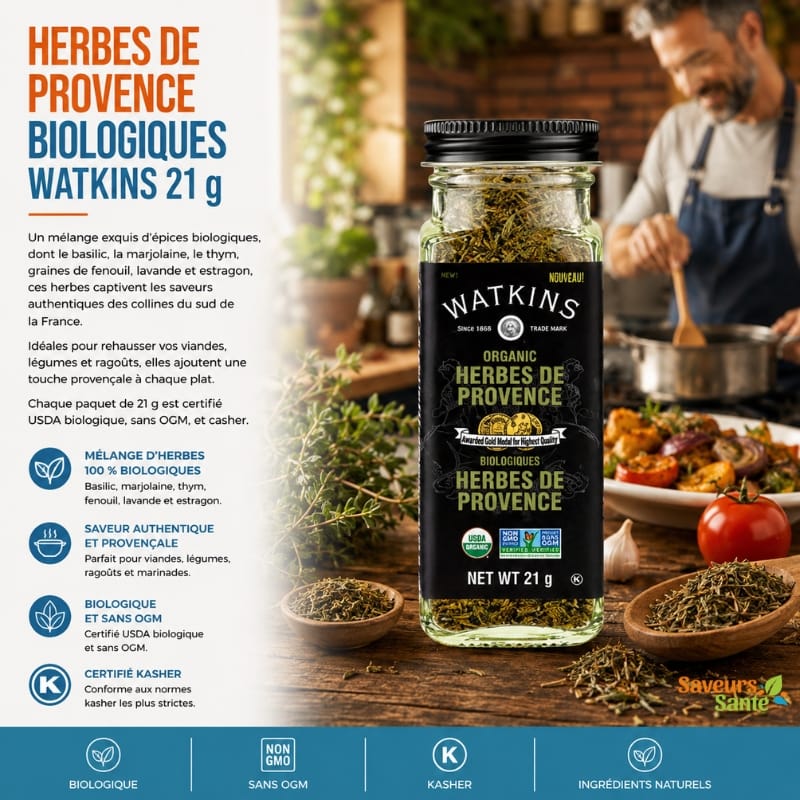 Herbes de Provence biologiques Watkins 21 g pour grillades, légumes et recettes méditerranéennes