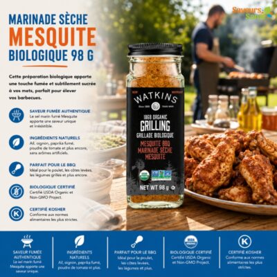 Marinade sèche Mesquite biologique Watkins 98 g pour grillades, poulet et recettes BBQ