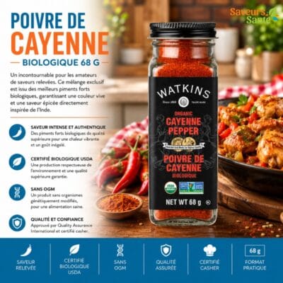 Poivre de Cayenne biologique Watkins 68 g pour recettes épicées, grillades et cuisine relevée