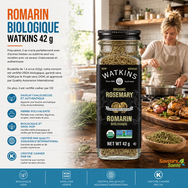 Romarin biologique Watkins 42 g pour grillades, pommes de terre et recettes méditerranéennes