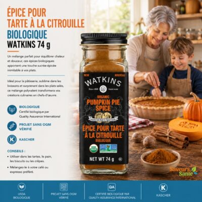 Épice pour tarte à la citrouille biologique Watkins 74 g pour desserts, cafés et pâtisseries d’automne