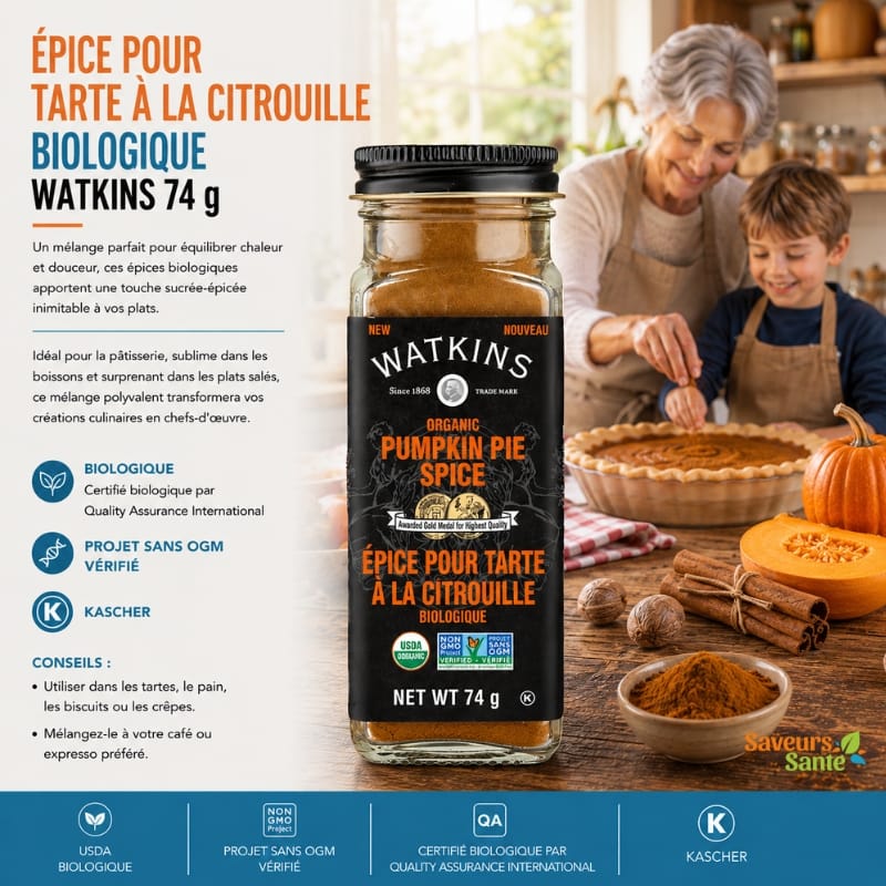 Épice pour tarte à la citrouille biologique Watkins 74 g pour desserts, cafés et pâtisseries d’automne