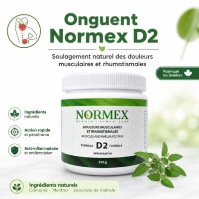 Pot d'onguent Normex D2 225g – soulagement naturel des douleurs musculaires et rhumatismales, fabriqué au Québec
