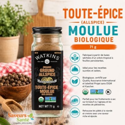 Toute-épice Watkins en grains avec moulin intégré et points forts du produit Saveurs Santé