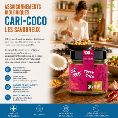 Assaisonnement biologique cari-coco Les Savoureux 70 g pour currys, riz et recettes exotiques