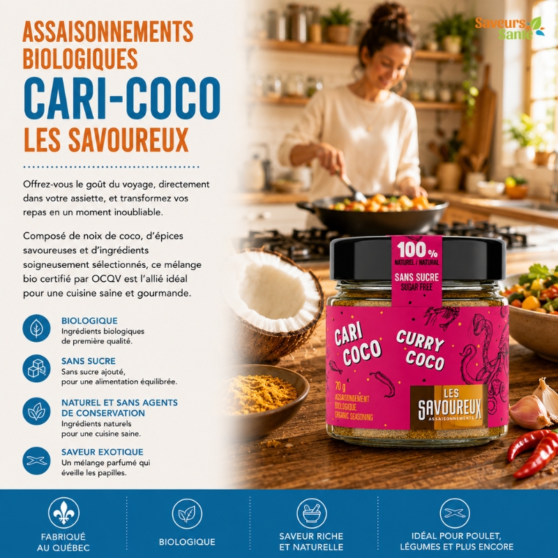 Assaisonnement biologique cari-coco Les Savoureux 70 g pour currys, riz et recettes exotiques