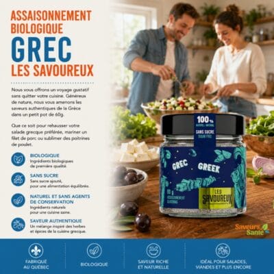 Assaisonnement biologique grec Les Savoureux 60 g pour salades, grillades et recettes méditerranéennes