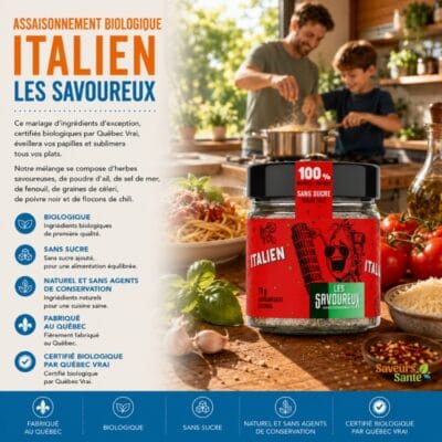 Assaisonnement biologique italien Les Savoureux 70 g pour pâtes, sauces et recettes italiennes