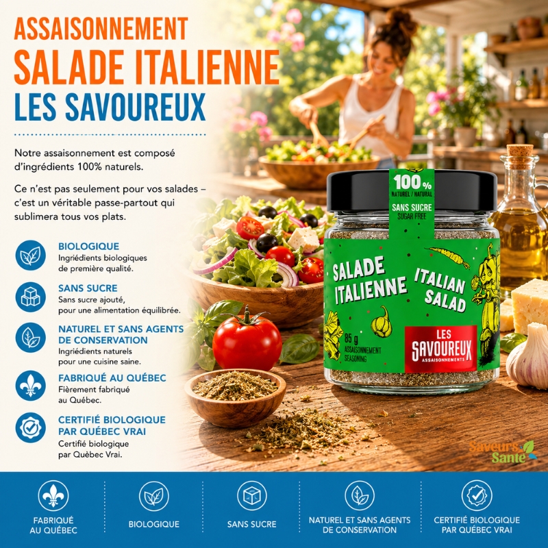 Assaisonnement biologique salade italienne Les Savoureux 85 g pour salades, pâtes et recettes méditerranéennes