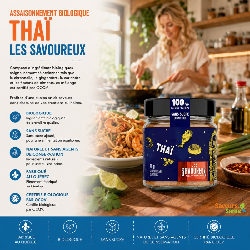Assaisonnement biologique thaï Les Savoureux 70 g pour sautés, currys et recettes asiatiques