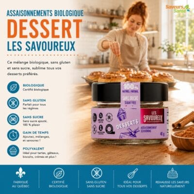 Assaisonnement biologique dessert Les Savoureux 40 g pour pâtisserie, fruits et desserts maison