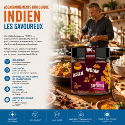 Assaisonnement biologique indien Les Savoureux 110 g pour currys, riz et recettes exotiques