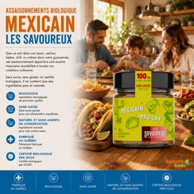 Assaisonnement biologique mexicain Les Savoureux 90 g pour tacos, fajitas et recettes mexicaines