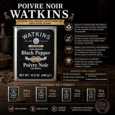 Poivre Noir Watkins en emballage métal refermable – épice premium cultivée en Inde, sans gluten et certifiée Casher
