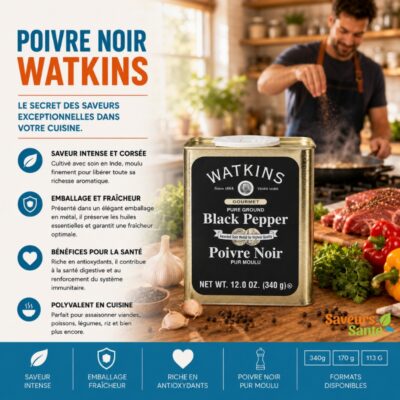 Poivre noir Watkins 100 % pur pour assaisonner viandes, légumes et recettes maison