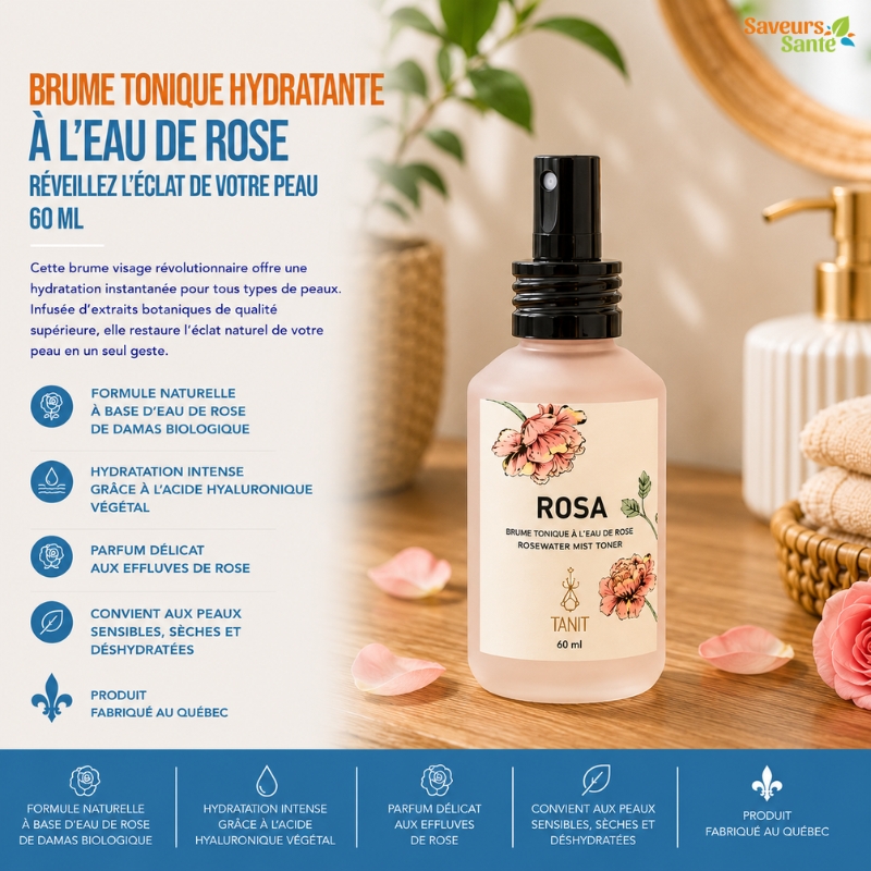 Brume tonique hydratante à l'eau de rose 60 ml pour le visage