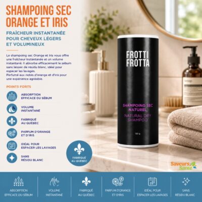 Shampoing sec Orange et Iris pour rafraîchir les cheveux et redonner du volume