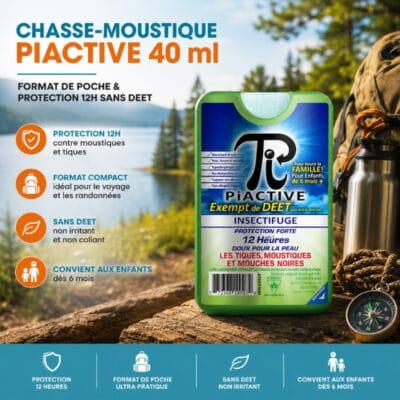 Chasse-moustique Piactive 40 ml format voyage avec protection contre les moustiques et tiques