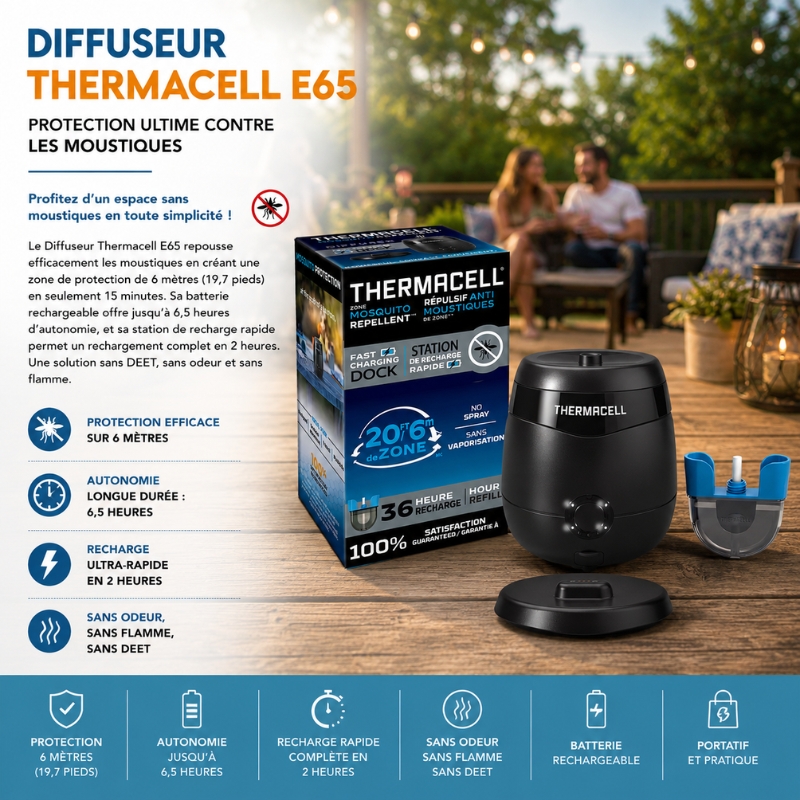 Diffuseur Thermacell E65 rechargeable avec station de recharge pour protection contre les moustiques