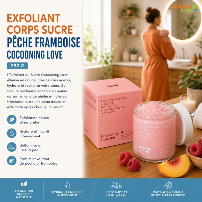 Exfoliant corps au sucre pêche et framboise Cocooning Love 250 g pour une peau douce et lisse