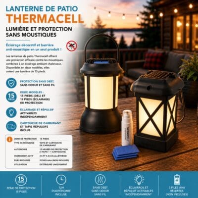 Lanterne de patio Thermacell avec protection anti-moustique pour terrasse et soirées extérieures