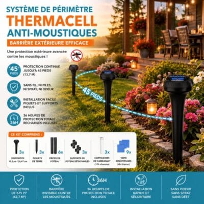 Système de périmètre Thermacell anti-moustiques pour protéger terrasse et jardin extérieur
