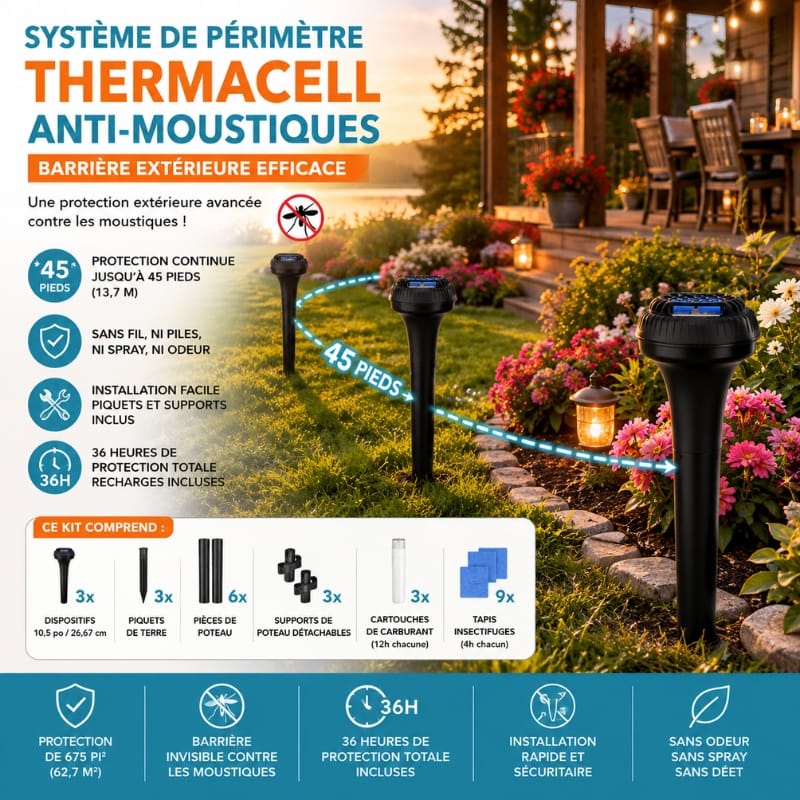 Système de périmètre Thermacell anti-moustiques pour protéger terrasse et jardin extérieur