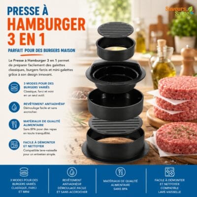 Presse hamburger trois en un pour fabriquer burgers farcis, mini burgers et galettes maison