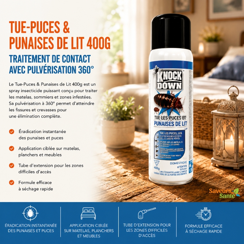 Tue-puces et punaises de lit 400 g avec pulvérisation 360°