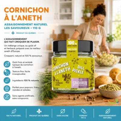 Cornichon à l’aneth assaisonnement naturel Les Savoureux 110 g pour trempettes, burgers et recettes maison