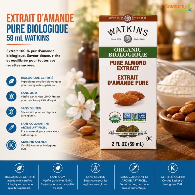 Extrait d’amande pure biologique Watkins 59 ml pour pâtisserie, biscuits et desserts maison