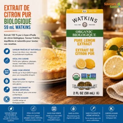 Extrait de citron pur biologique Watkins 59 ml pour pâtisserie, desserts et recettes maison