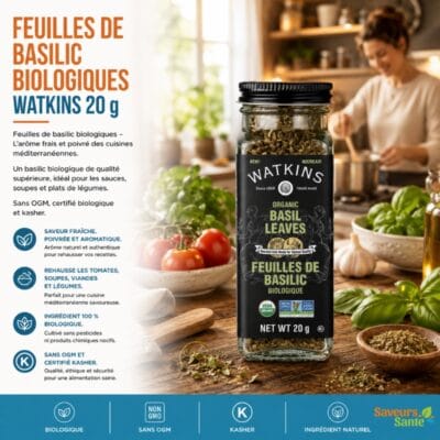 Feuilles de basilic biologiques Watkins 20 g pour sauces, pâtes, pizzas et recettes italiennes