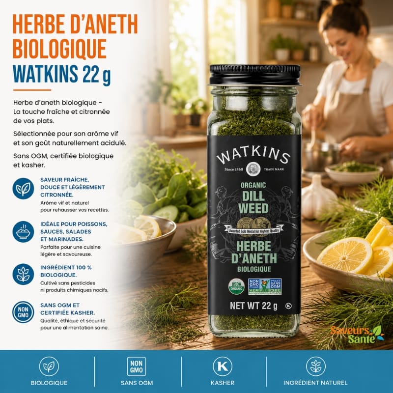 Herbe d’aneth biologique Watkins 22 g pour poissons, salades, sauces et recettes maison