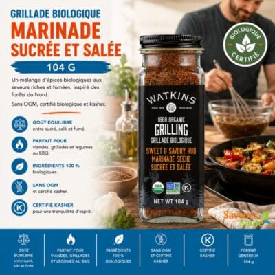 Marinade sucrée et salée biologique Watkins 104 g pour grillades, poulet et recettes BBQ
