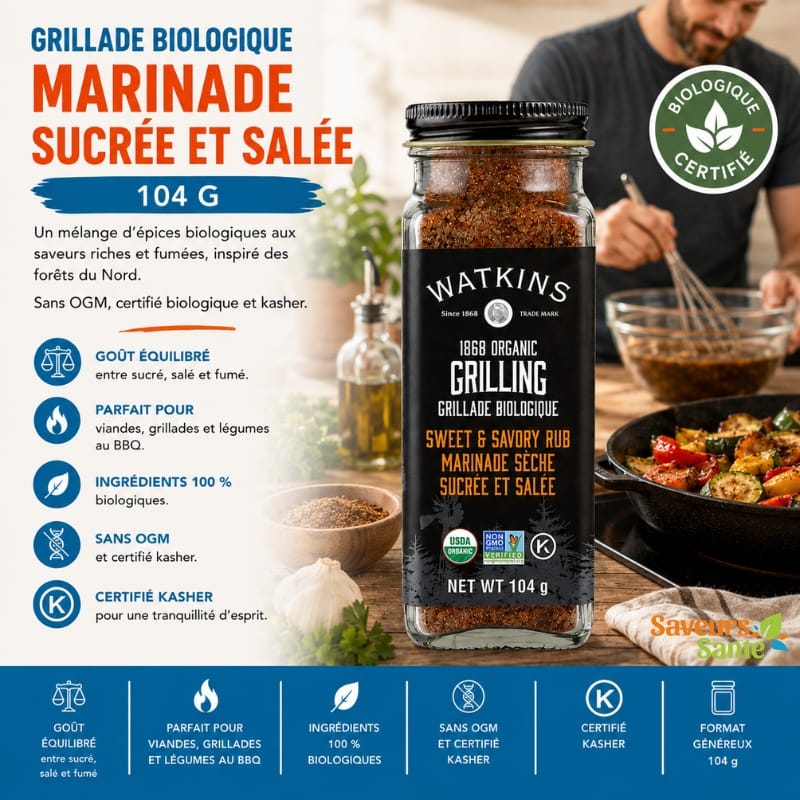 Marinade sucrée et salée biologique Watkins 104 g pour grillades, poulet et recettes BBQ