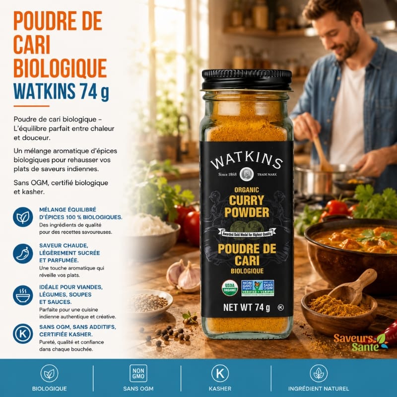Poudre de cari biologique Watkins 74 g pour currys, marinades et recettes exotiques