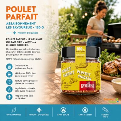 Poulet parfait assaisonnement Les Savoureux 130 g pour poulet BBQ, grillades et recettes maison