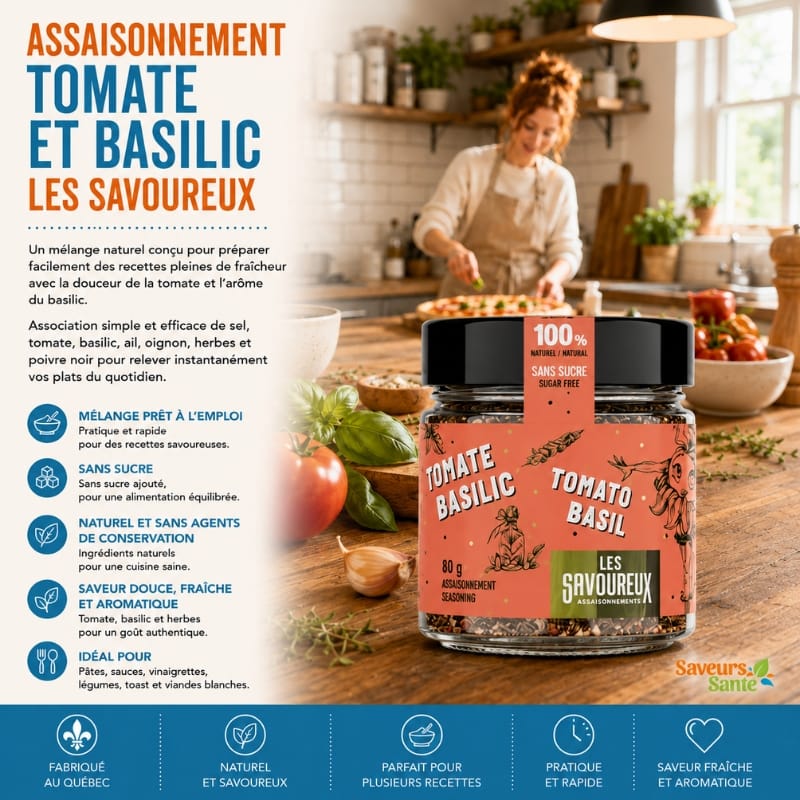 Assaisonnement tomate et basilic Les Savoureux 80 g pour pâtes, sauces et recettes italiennes
