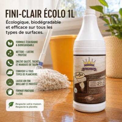 Bouteille de nettoyant écologique Fini-Clair Écolo 1L sur un plancher de bois avec vadrouille et seau dans une ambiance de maison propre et chaleureuse.