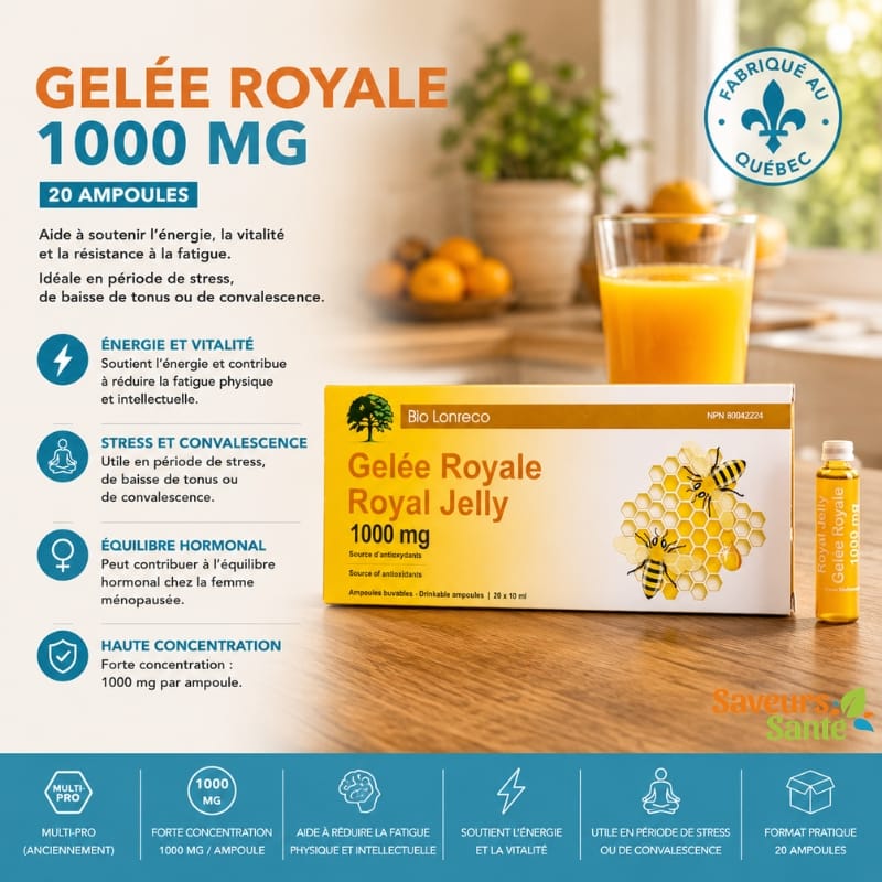 Gelée royale 1000 mg en 20 ampoules pour énergie, vitalité et soutien du système immunitaire