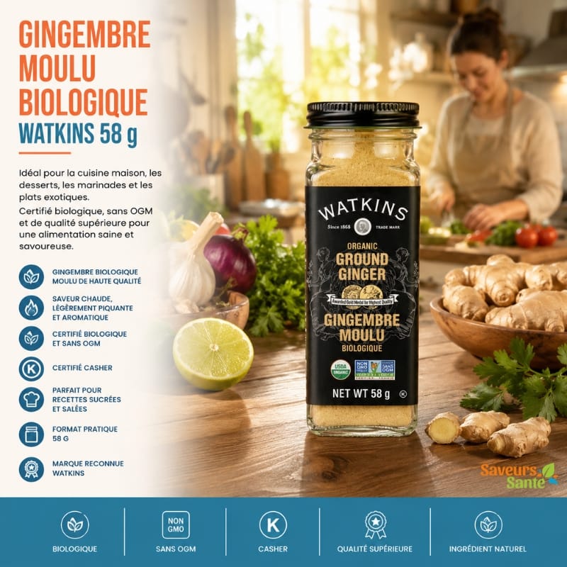 Gingembre moulu biologique Watkins 58 g pour pâtisserie, marinades et recettes maison