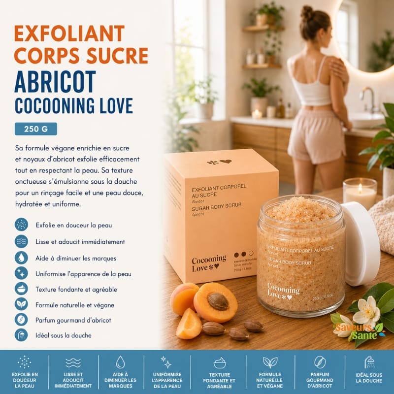 Exfoliant corps au sucre abricot Cocooning Love 250 g pour une peau douce et lisse