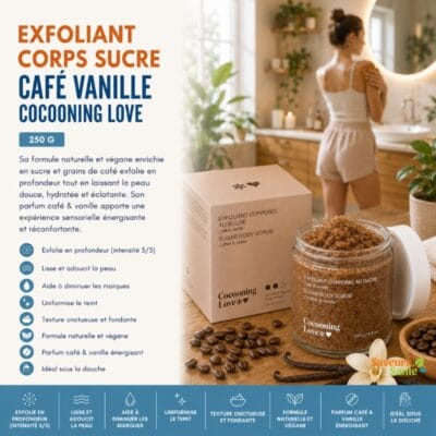Exfoliant corps au sucre café vanille Cocooning Love 250 g pour une peau douce et lisse