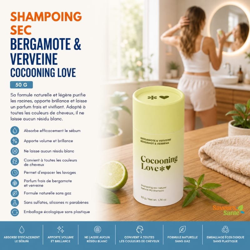 Shampoing sec bergamote et verveine Cocooning Love 50 g pour rafraîchir les cheveux sans rinçage