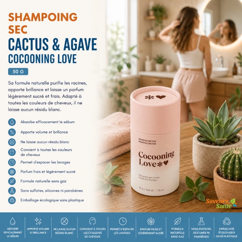 Shampoing sec cactus et agave Cocooning Love 50 g pour rafraîchir les cheveux sans rinçage
