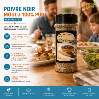 Poivre noir moulu multi-pro 113 g 100 % pur pour la table et la cuisine