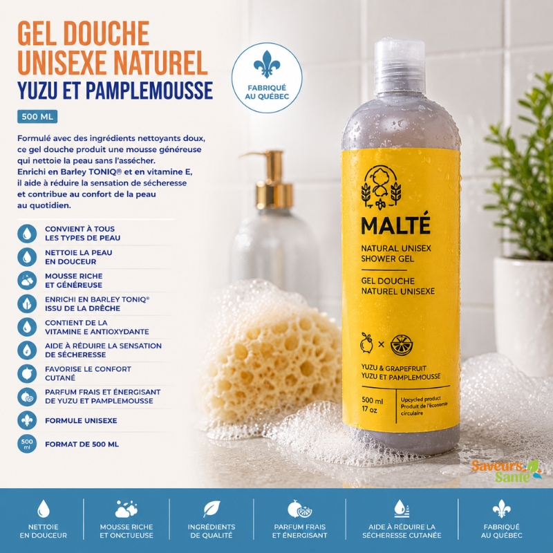 Gel douche unisexe naturel Yuzu et Pamplemousse 500 ml Malté fabriqué au Québec